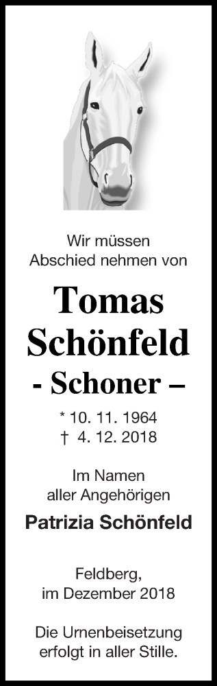 Traueranzeige von Tomas Schönfeld von Strelitzer Zeitung