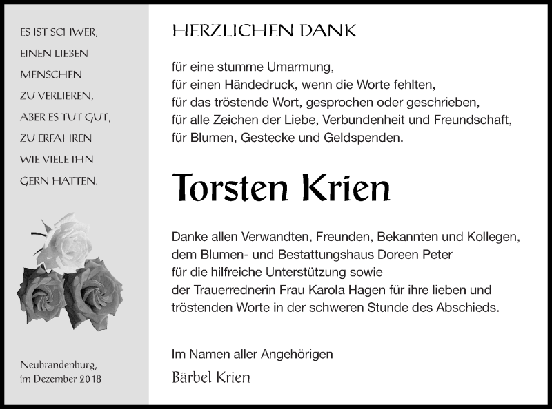  Traueranzeige für Torsten Krien vom 18.12.2018 aus Neubrandenburger Zeitung
