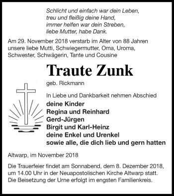 Traueranzeige von Traute Zunk von Haff-Zeitung