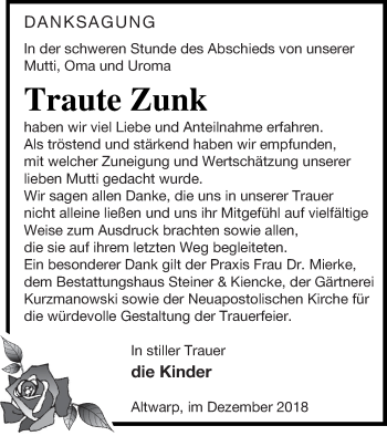 Traueranzeige von Traute Zunk von Haff-Zeitung