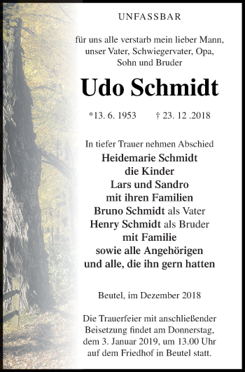 Traueranzeige von Udo Schmidt von Templiner Zeitung