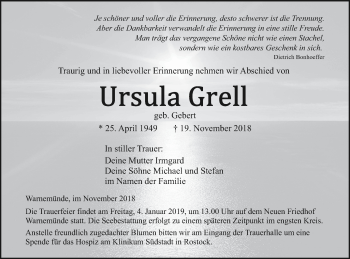 Traueranzeige von Ursula Grell von Vorpommern Kurier