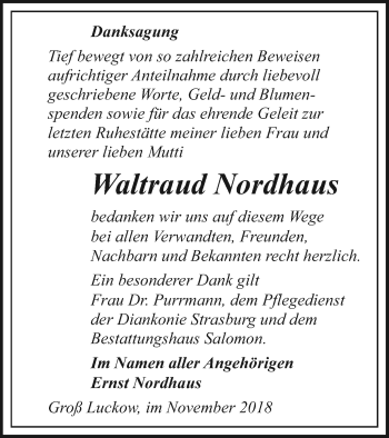 Traueranzeige von Waltraud Nordhaus von Pasewalker Zeitung