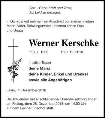 Traueranzeige von Werner Kerschke von Mecklenburger Schweiz