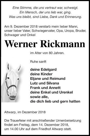 Traueranzeige von Werner Rickmann von Haff-Zeitung