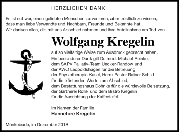 Traueranzeige von Wolfgang Kregelin von Haff-Zeitung