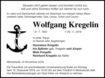 Traueranzeige von Wolfgang Kregelin von Haff-Zeitung