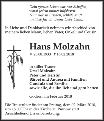 Traueranzeige von Hans Molzahn von Zeitung für die Landeshauptstadt