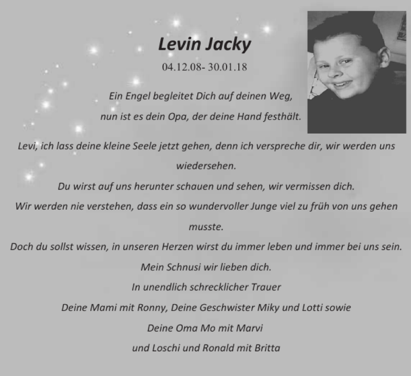  Traueranzeige für Levin Jacky vom 10.02.2018 aus Anzeiger für Sternberg - Brüel - Warin