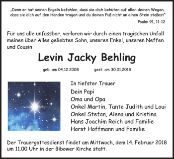 Traueranzeige von Levin Jacky Behling von Anzeiger für Sternberg - Brüel - Warin