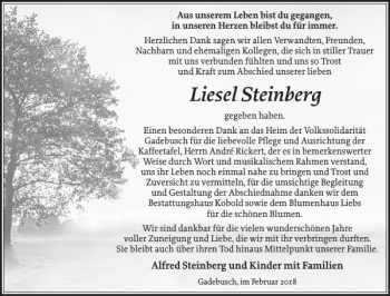 Traueranzeige von Liesel Steinberg von Gadebusch-Rehnaer Zeitung