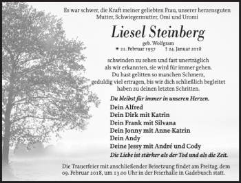 Traueranzeige von Liesel Steinberg von Gadebusch-Rehnaer Zeitung