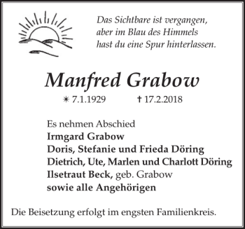 Traueranzeige von Manfred Grabow von Der Prignitzer