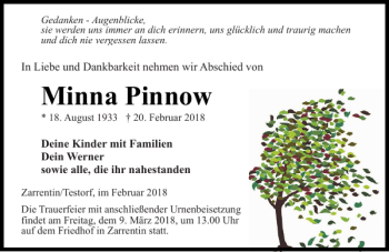 Traueranzeige von Minna Pinnow von Hagenower Kreisblatt