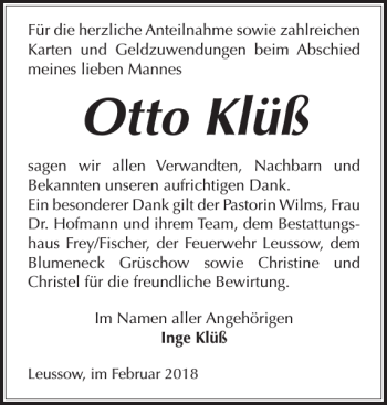 Traueranzeige von Otto Klüß von Ludwigsluster Tageblatt