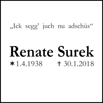 Traueranzeige von Renate Surek von Norddeutsche Neueste Nachrichten