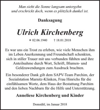 Traueranzeige von Ulrich Kirchenberg von Parchimer Zeitung