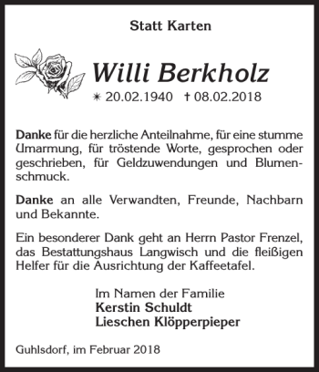 Traueranzeige von Willi Berkholz von Der Prignitzer