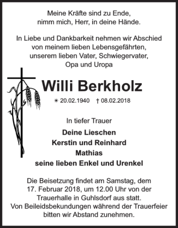 Traueranzeige von Willi Berkholz von Der Prignitzer