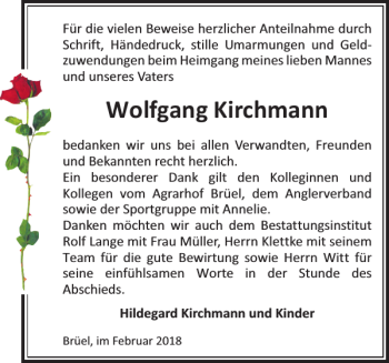 Traueranzeige von Wolfgang Kirchmann von Anzeiger für Sternberg - Brüel - Warin