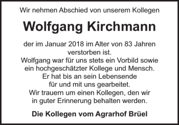 Traueranzeige von Wolfgang Kirchmann von Anzeiger für Sternberg - Brüel - Warin