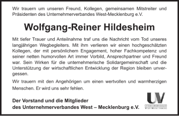 Traueranzeige von Wolfgang-Reiner Hildesheim von Hagenower Kreisblatt