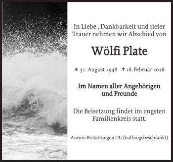 Traueranzeige von Wölfi Plate von Zeitung für die Landeshauptstadt