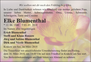 Traueranzeige von Elke Blumenthal von Güstrower Anzeiger