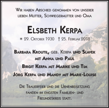 Traueranzeige von Elsb Eth KErpa von Zeitung für die Landeshauptstadt