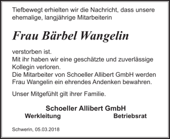 Traueranzeige von Frau Bärbel Wangelin von Zeitung für die Landeshauptstadt