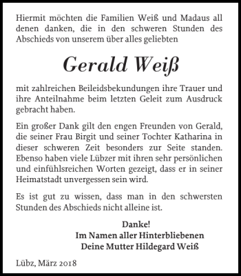 Traueranzeige von Gerald Weiß von Zeitung für Lübz - Goldberg - Plau