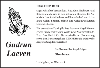 Traueranzeige von Gudrun Laeven von Ludwigsluster Tageblatt