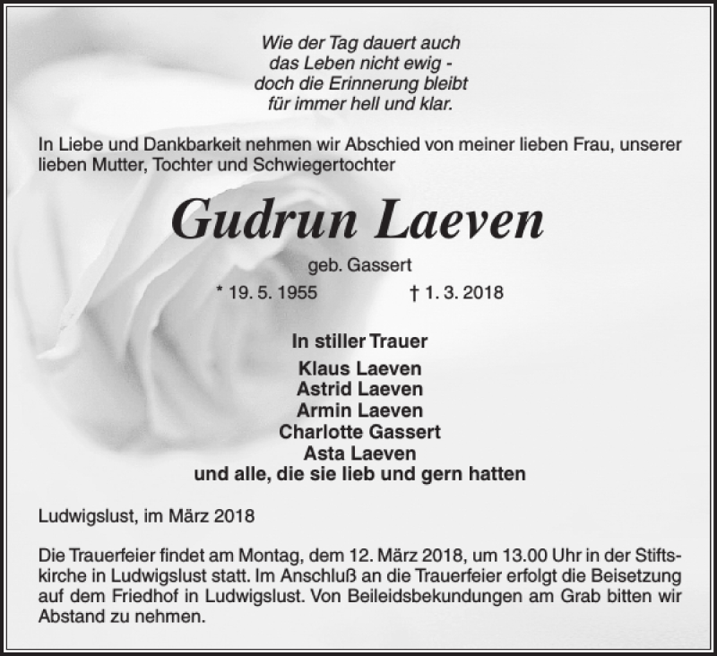  Traueranzeige für Gudrun Laeven vom 06.03.2018 aus Ludwigsluster Tageblatt