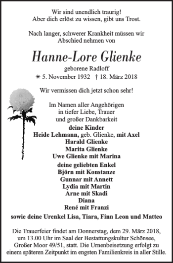 Traueranzeige von Hanne-Lore Glienke von Zeitung für die Landeshauptstadt