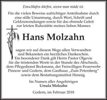 Traueranzeige von Hans Molzahn von Zeitung für die Landeshauptstadt