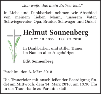 Traueranzeige von Helmut Sonnenberg von Parchimer Zeitung