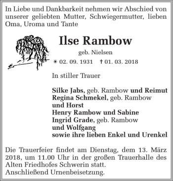 Traueranzeige von Ilse Rambow von Zeitung für die Landeshauptstadt