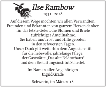 Traueranzeige von Ilse Rambow von Zeitung für die Landeshauptstadt