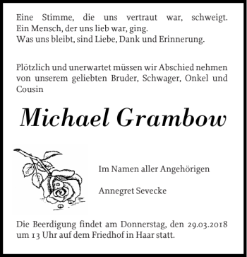 Traueranzeige von Michael Grambow von Hagenower Kreisblatt