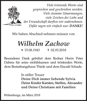 Traueranzeige von Wilhelm Zachow von Der Prignitzer