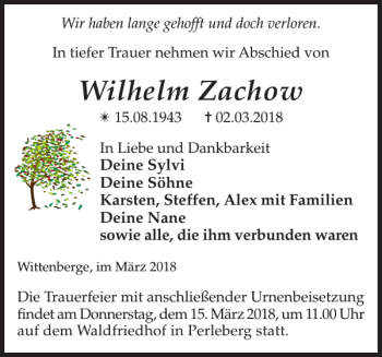 Traueranzeige von Wilhelm Zachow von Der Prignitzer