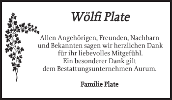 Traueranzeige von Wölfi Plate von Zeitung für die Landeshauptstadt