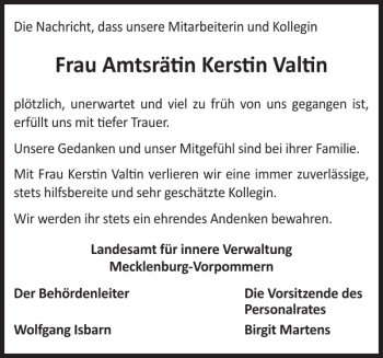 Traueranzeige von Frau Amtsrätin Kerstin Valtin von Zeitung für die Landeshauptstadt