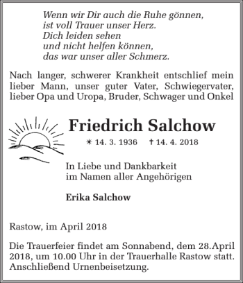 Traueranzeige von Friedrich Salchow von Zeitung für die Landeshauptstadt