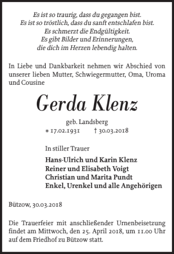 Traueranzeige von Gerda Klenz von Bützower Zeitung