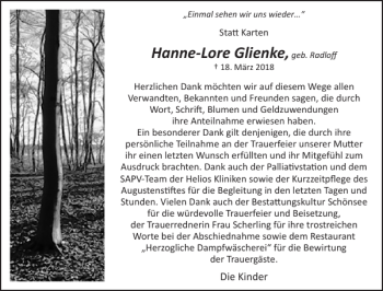 Traueranzeige von Hanne-Lore Glienke von Zeitung für die Landeshauptstadt