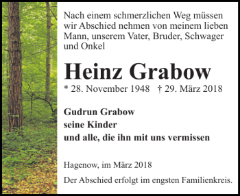 Traueranzeige von Heinz Grabow von Hagenower Kreisblatt