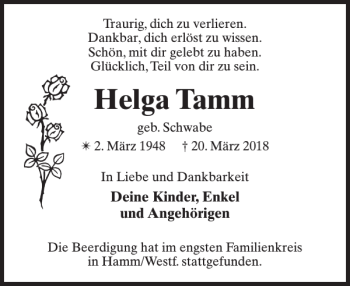 Traueranzeige von Helga Tamm von Der Prignitzer