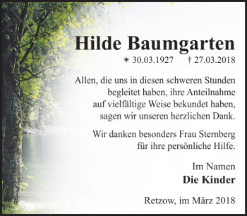 Traueranzeige von Hilde Baumgarten von Zeitung für Lübz - Goldberg - Plau