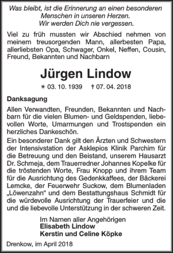 Traueranzeige von Jürgen Lindow von Parchimer Zeitung